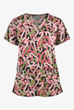 Butter-Soft Noel Candy Canes Women's 4-Pocket Rounded V-Neck Print Scrub Top