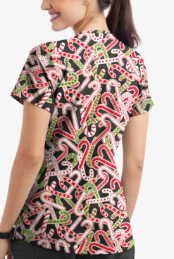 Butter-Soft Noel Candy Canes Women's 4-Pocket Rounded V-Neck Print Scrub Top -Cherokee Shop TS697NCBL 3