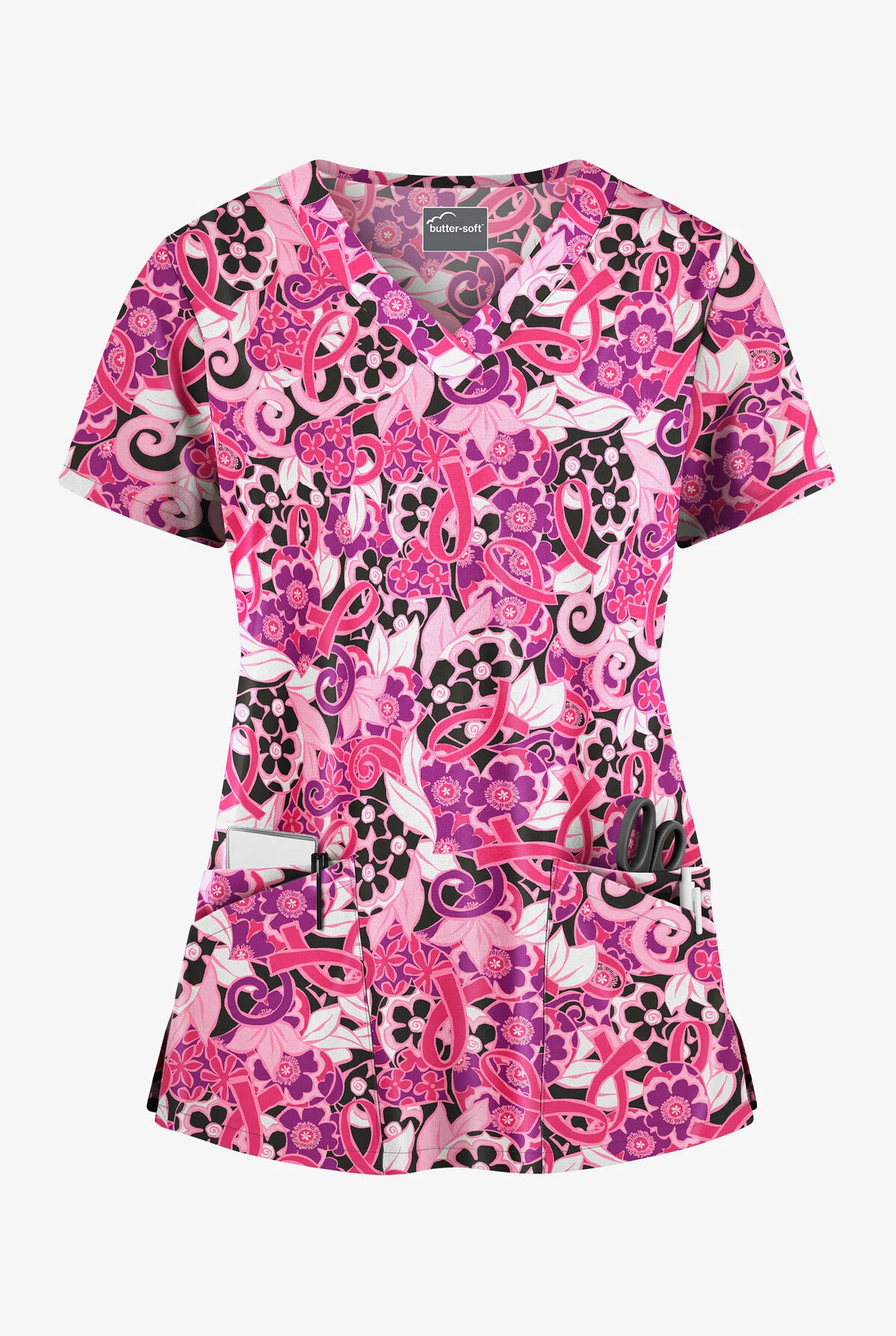 Butter-Soft Pink Ribbon Bouquet Women's 4-Pocket Rounded V-Neck Print Scrub Top Butter-Soft Pink Ribbon Bouquet Women's 4-Pocket Rounded V-Neck Print Scrub Top -Cherokee Shop TS697PBBL 1