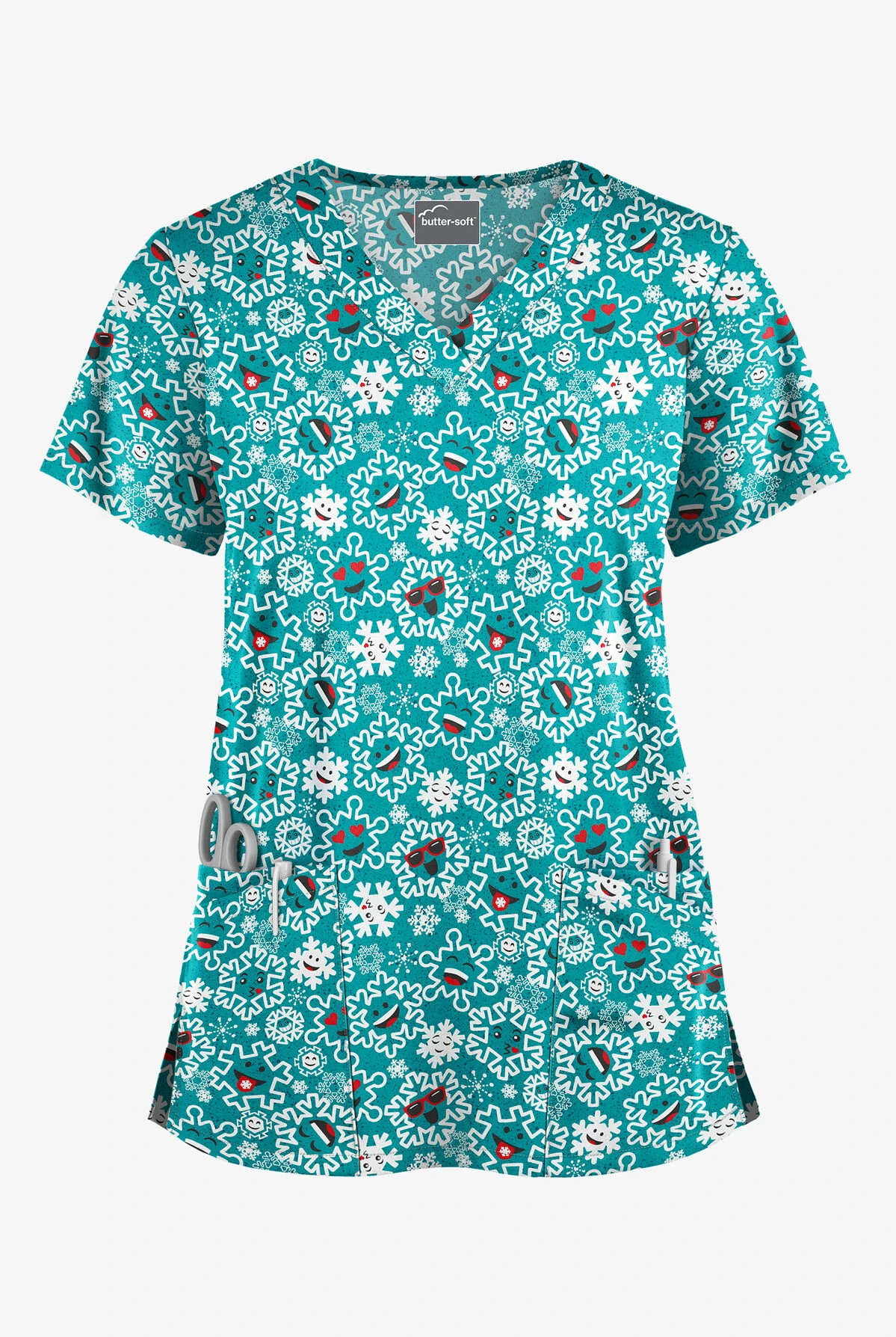 Butter-Soft Smiling Snowflakes Teal Women's 4-Pocket Rounded V-Neck Print Scrub Top Butter-Soft Smiling Snowflakes Teal Women's 4-Pocket Rounded V-Neck Print Scrub Top -Cherokee Shop TS697SSTL 1