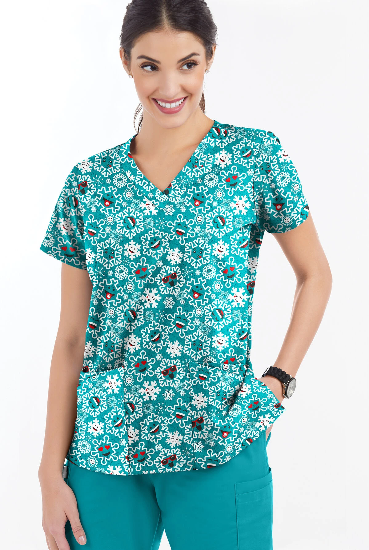Butter-Soft Smiling Snowflakes Teal Women's 4-Pocket Rounded V-Neck Print Scrub Top Butter-Soft Smiling Snowflakes Teal Women's 4-Pocket Rounded V-Neck Print Scrub Top -Cherokee Shop TS697SSTL 2