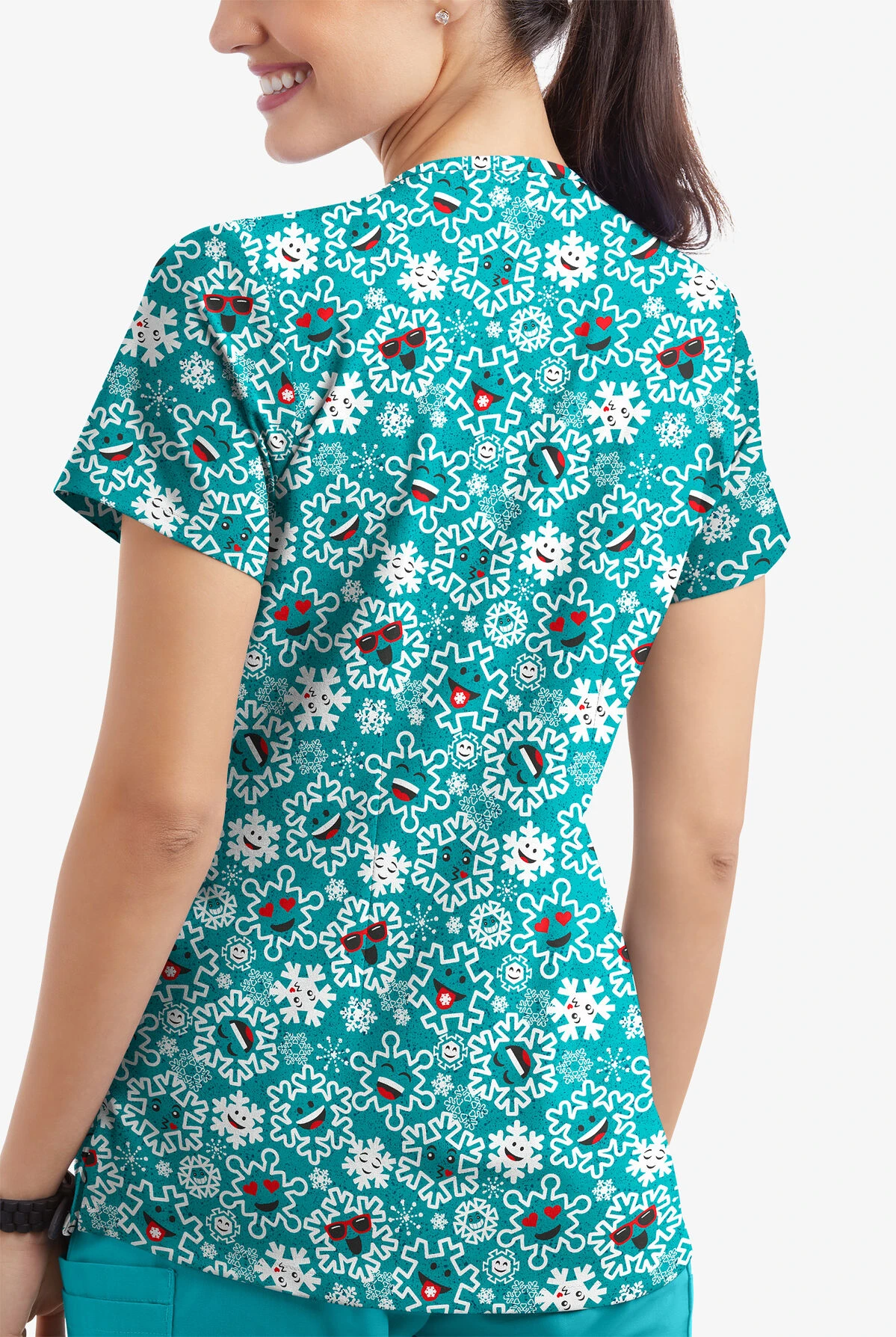 Butter-Soft Smiling Snowflakes Teal Women's 4-Pocket Rounded V-Neck Print Scrub Top Butter-Soft Smiling Snowflakes Teal Women's 4-Pocket Rounded V-Neck Print Scrub Top -Cherokee Shop TS697SSTL 3