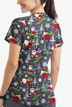 Butter-Soft Santa On Vacation Pewter Women's 4-Pocket Rounded V-Neck Print Scrub Top -Cherokee Shop TS697SVPW 3