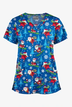 Butter-Soft Santa On Vacation Royal Women's 4-Pocket Rounded V-Neck Printed Scrub Top