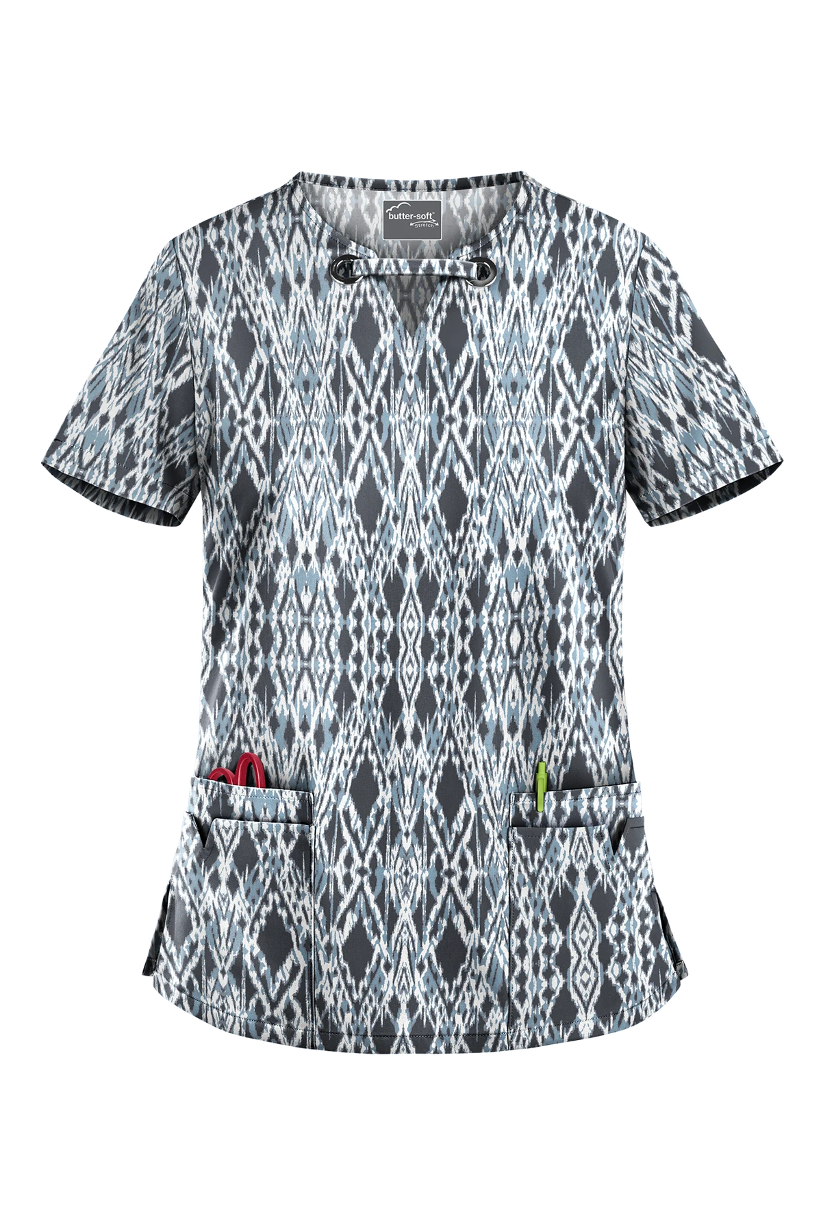 UA Butter-Soft STRETCH Kasih Ikat Women's 4-Pocket V-Neck Print Scrub Top UA Butter-Soft STRETCH Kasih Ikat Women's 4-Pocket V-Neck Print Scrub Top -Cherokee Shop TS754KIP 1