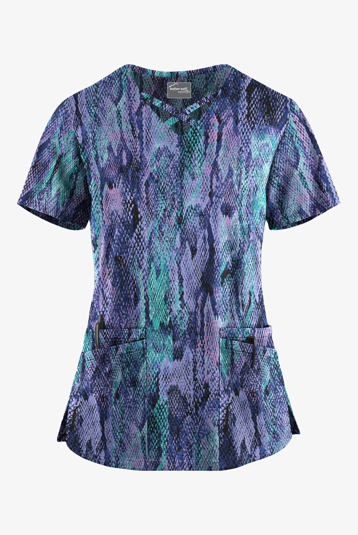 UA Butter-Soft STRETCH Lux Python Black Printed Women's 4-Pocket Crisscross Scrub Top UA Butter-Soft STRETCH Lux Python Black Printed Women's 4-Pocket Crisscross Scrub Top -Cherokee Shop TS756LNBL 100323 1
