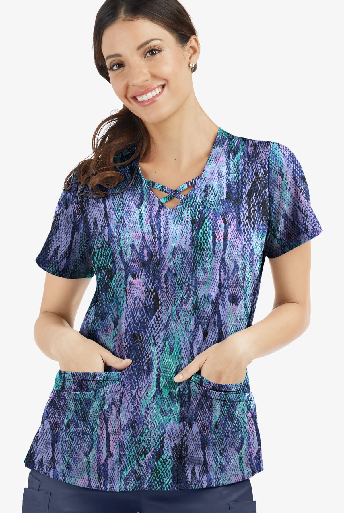 UA Butter-Soft STRETCH Lux Python Black Printed Women's 4-Pocket Crisscross Scrub Top UA Butter-Soft STRETCH Lux Python Black Printed Women's 4-Pocket Crisscross Scrub Top -Cherokee Shop TS756LNBL 100323 2