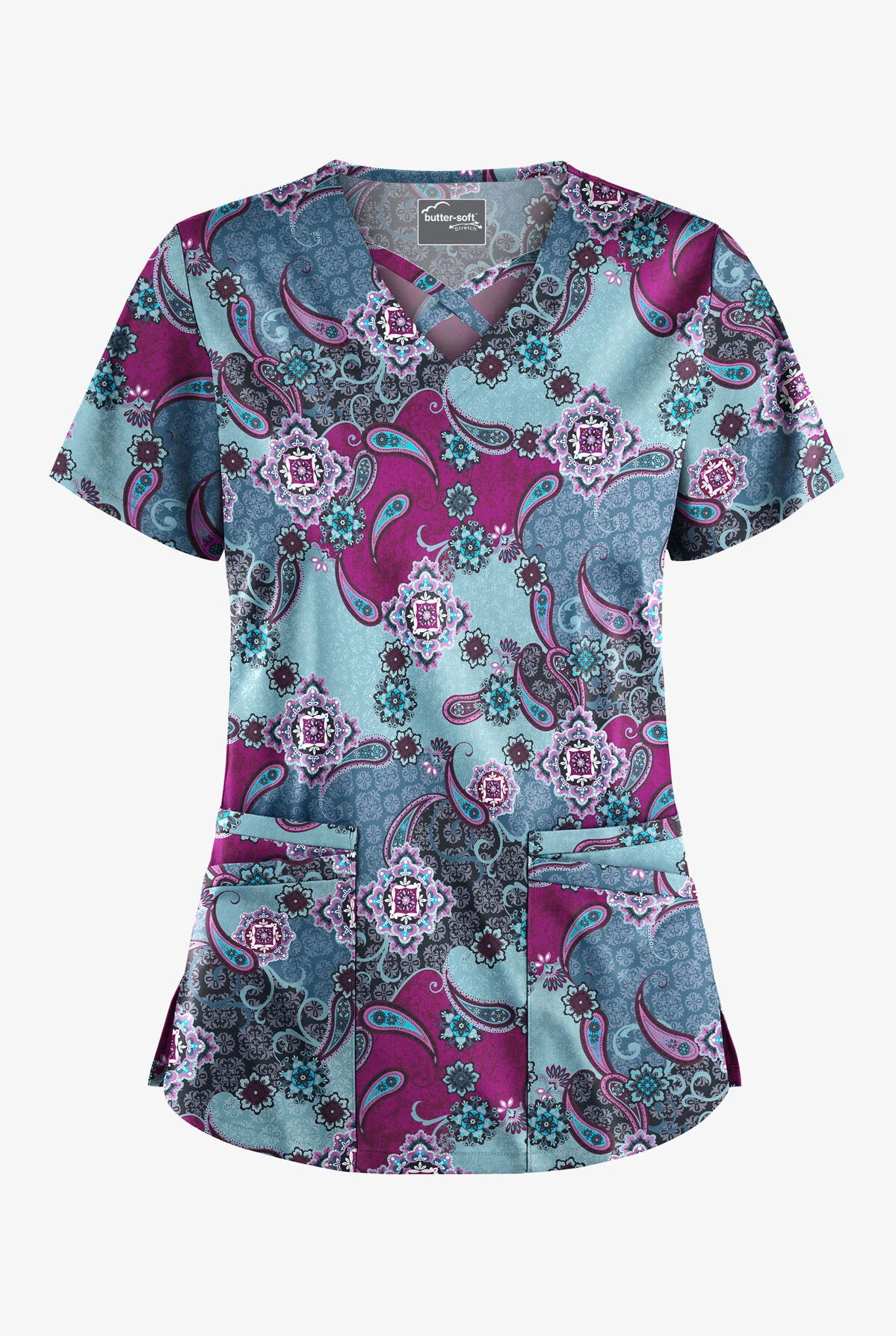 UA Butter-Soft STRETCH Mixed Medallion Indigo Denim Women's 4-Pocket Crisscross Print Scrub Top UA Butter-Soft STRETCH Mixed Medallion Indigo Denim Women's 4-Pocket Crisscross Print Scrub Top -Cherokee Shop TS756MMID 1