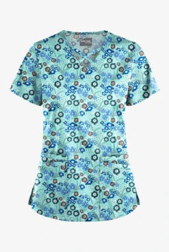 UA Butter-Soft STRETCH Petite Floral Aqua Moon Women's 4-Pocket Criss Cross Print Scrub Top