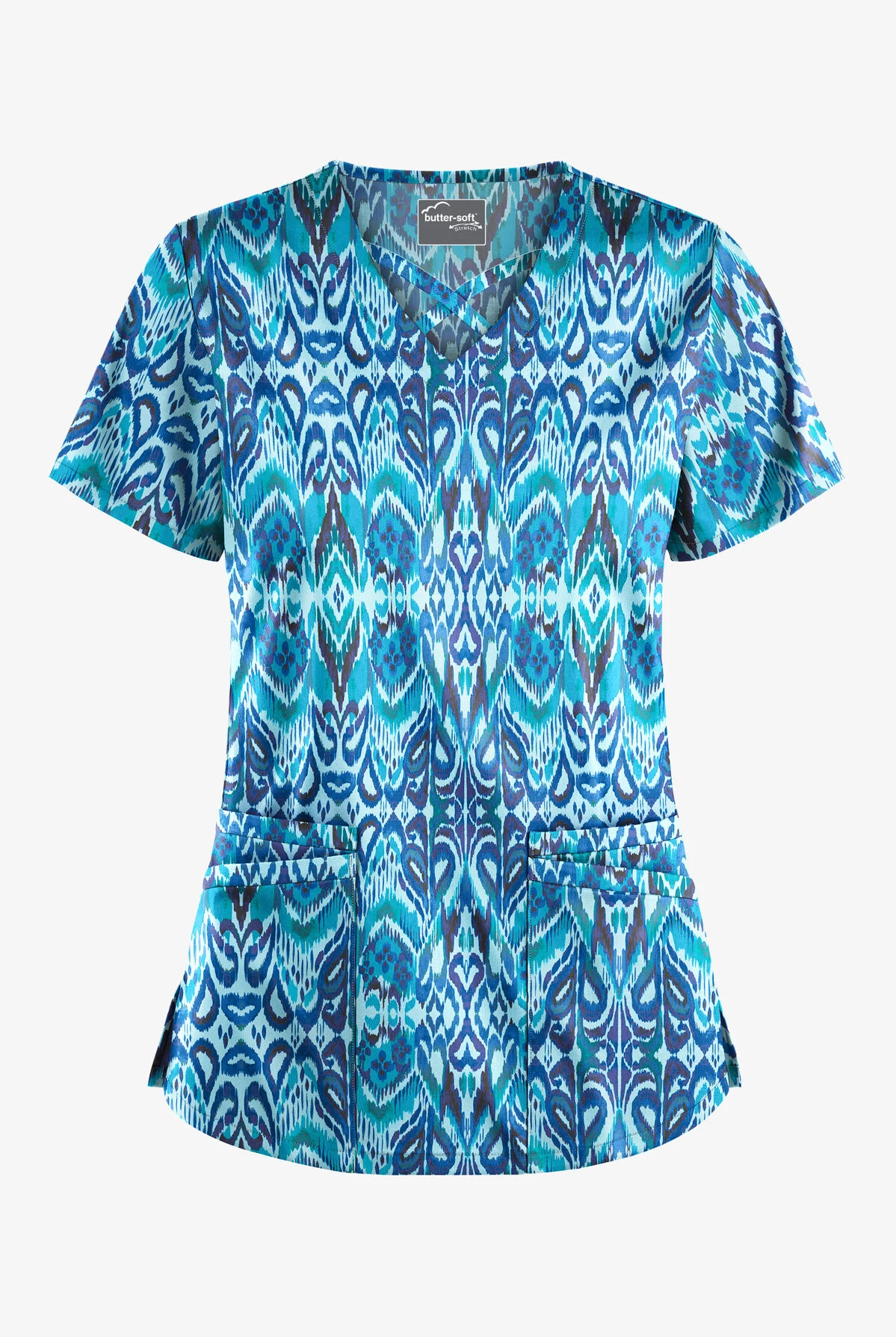 UA Butter-Soft STRETCH Romanian Ikat Dew Drop Women's 4-Pocket Crisscross Print Scrub Top UA Butter-Soft STRETCH Romanian Ikat Dew Drop Women's 4-Pocket Crisscross Print Scrub Top -Cherokee Shop TS756RIDD 1