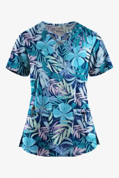 UA Butter-Soft STRETCH Tropical Mix Navy Women's 4-Pocket Crisscross Printed Scrub Top