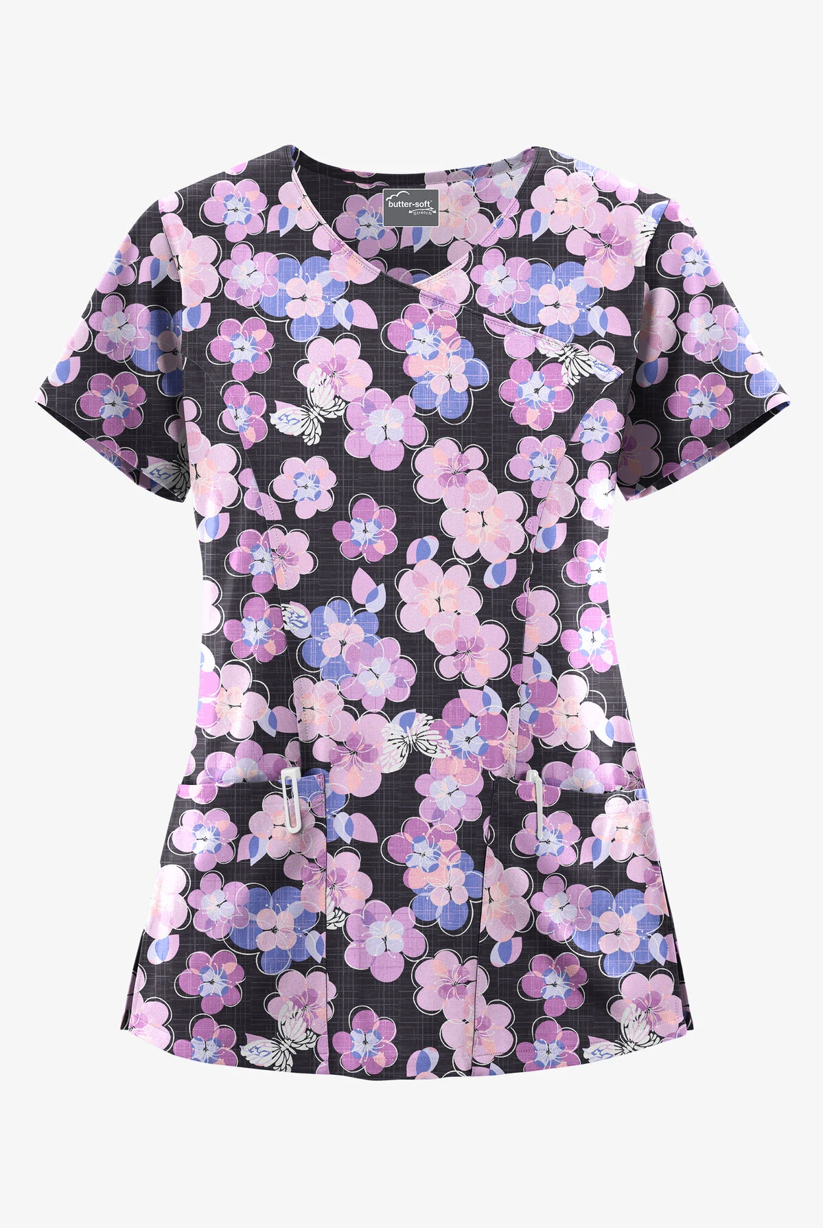 UA Butter-Soft STRETCH Blooms And Butterflies Pewter Women's 3-Pocket V-Neck Mock Wrap Scrub Top UA Butter-Soft STRETCH Blooms And Butterflies Pewter Women's 3-Pocket V-Neck Mock Wrap Scrub Top -Cherokee Shop TS929BSPW 092123 1
