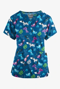 Butter-Soft Walk In The Park Royal Women's Notch-Neck 4-Pocket Print Scrub Top