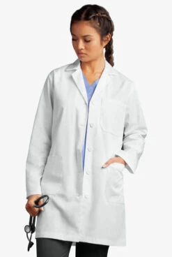 Butter-Soft Woman's 3-Pocket Notched Collared Scrub Lab Coat 4 Butter-Soft Woman's 3-Pocket Notched Collared Scrub Lab Coat -Cherokee Shop UA17248 WHITE 5