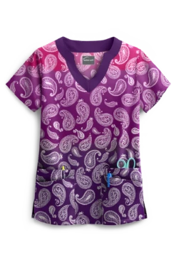 UA Paisley Gradient Eggplant Women's 4-Pocket Scallop Neck Print Scrub Top