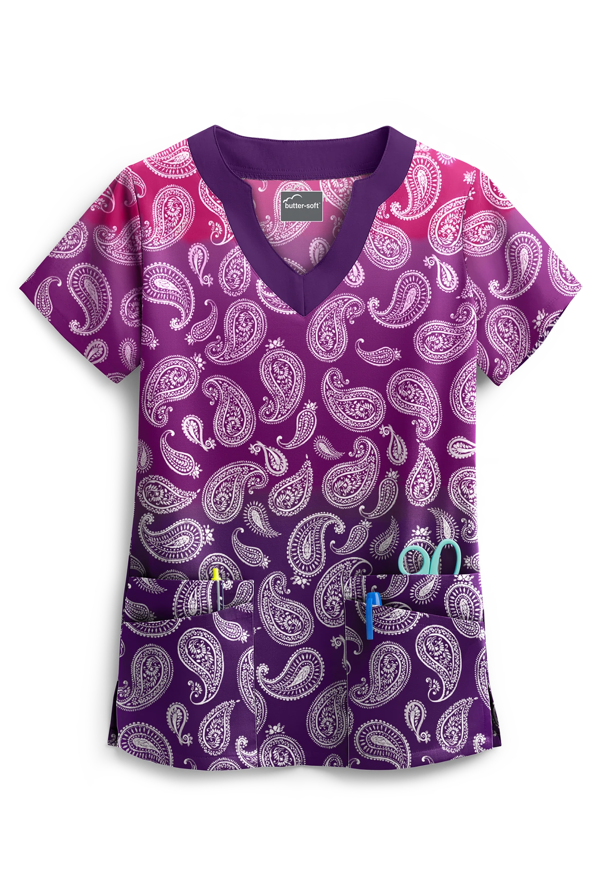 UA Paisley Gradient Eggplant Women's 4-Pocket Scallop Neck Print Scrub Top UA Paisley Gradient Eggplant Women's 4-Pocket Scallop Neck Print Scrub Top -Cherokee Shop UA194PGE 1