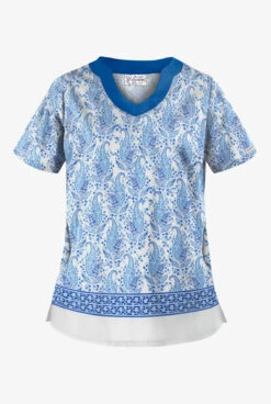UA Best Buy Scrubs Floating Paisley White Print Women's 2-Pocket Scallop Neck Scrub Top