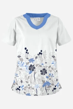 Butter-Soft Floral Field White Printed Women's 2-Pocket Scallop Neck Scrub Top