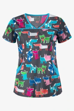 Butter-Soft Dog Walk Pewter Women's 4-Pocket Princess Seam Printed Scrub Top