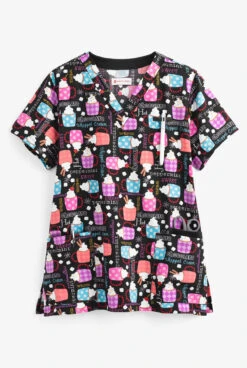 White Cross Sweet Chocolate Women's 3-Pocket V-Neck Print Scrub Top