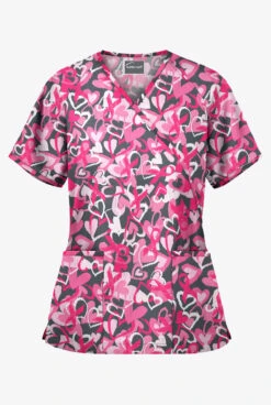 Butter-Soft Unwrap The Love Pewter Women's 2-Pocket Mock Wrap Print Scrub Top